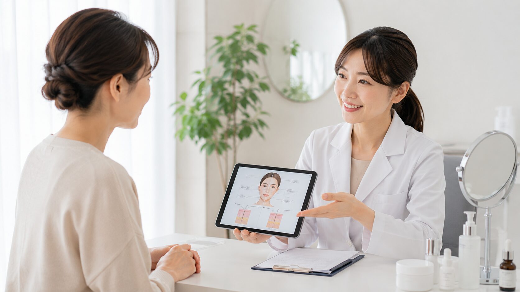 美容医療について専門家に相談する40代の日本人女性