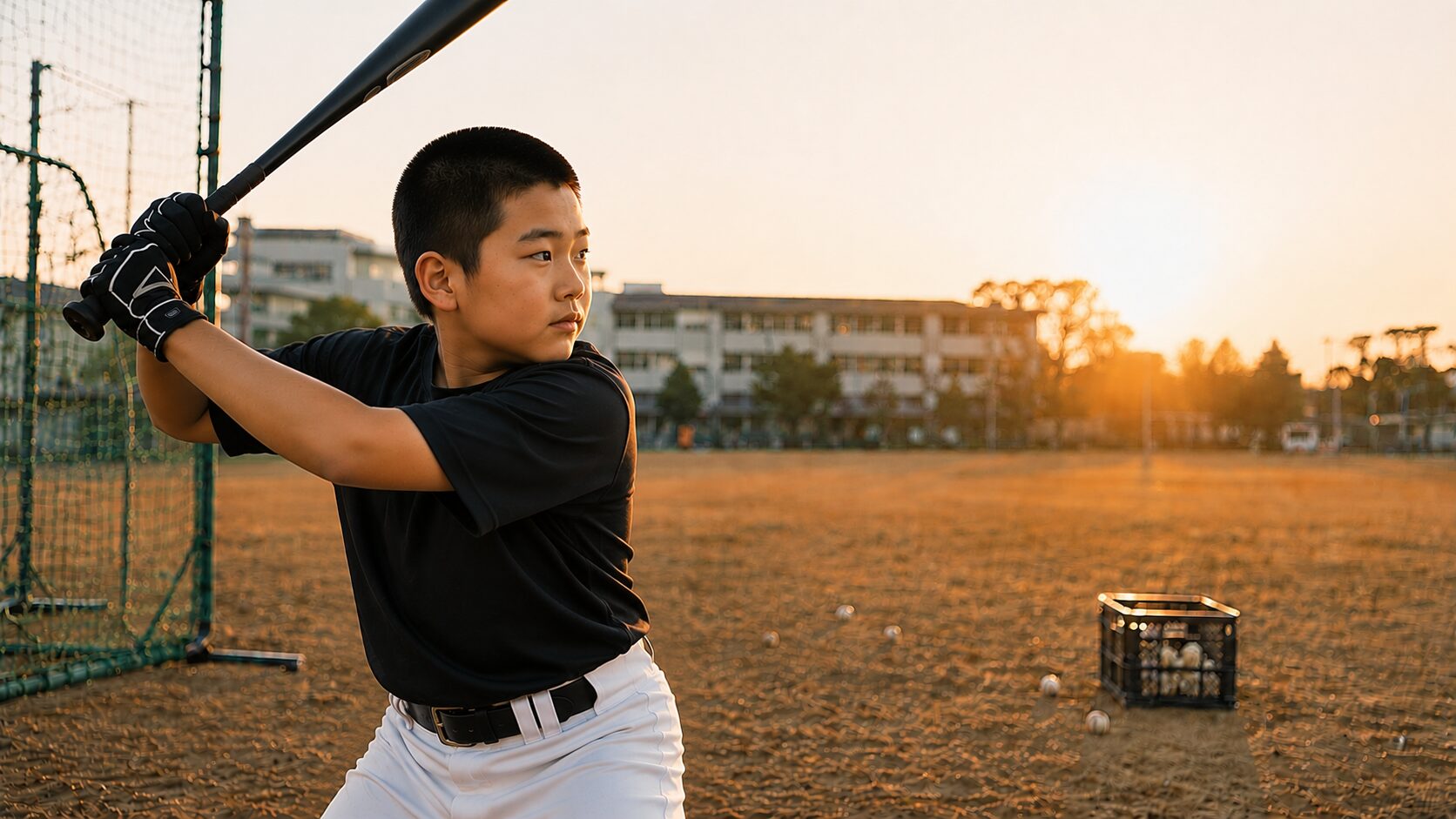 夕方のグラウンドで野球の練習をする少年