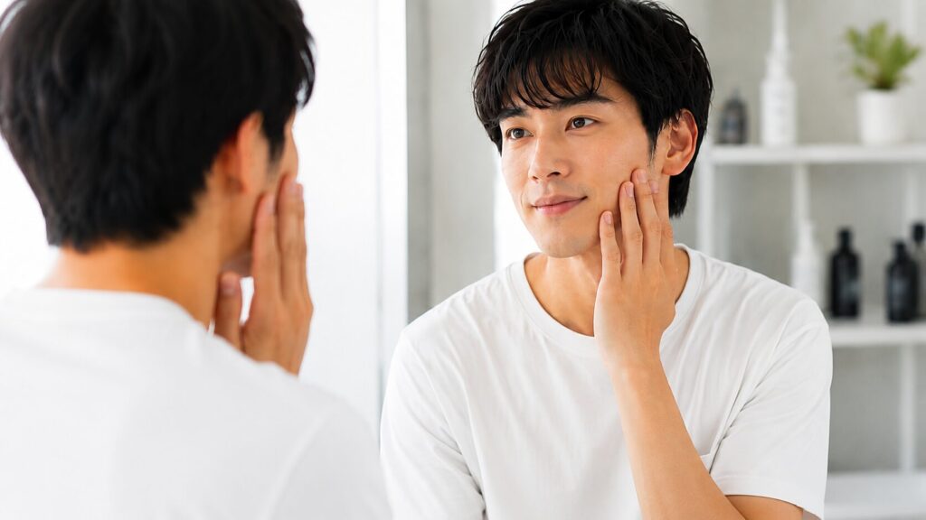 鏡で肌を確認する清潔感のある30代男性
