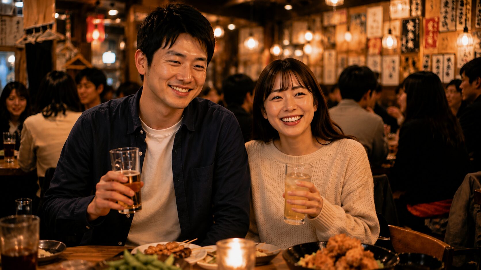 居酒屋で楽しそうに乾杯するカップル