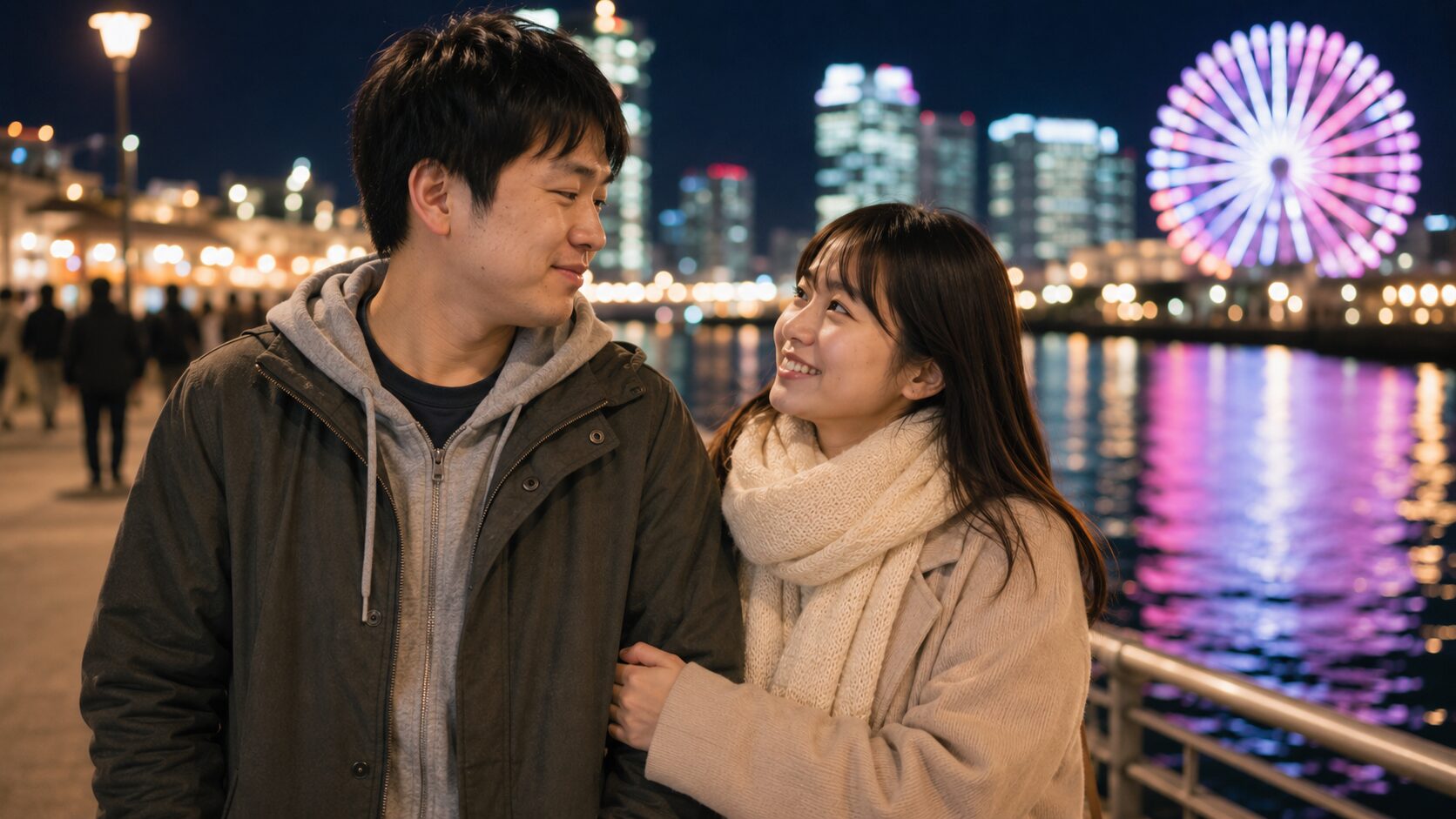夜景を背景にデートする日本人カップル