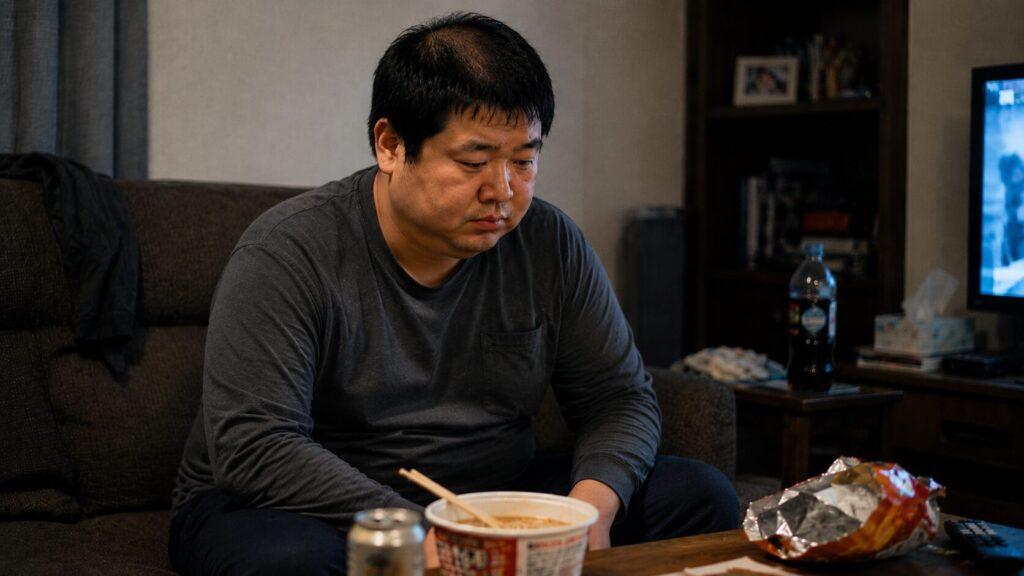 部屋で食事後に落ち込む薄毛の男性