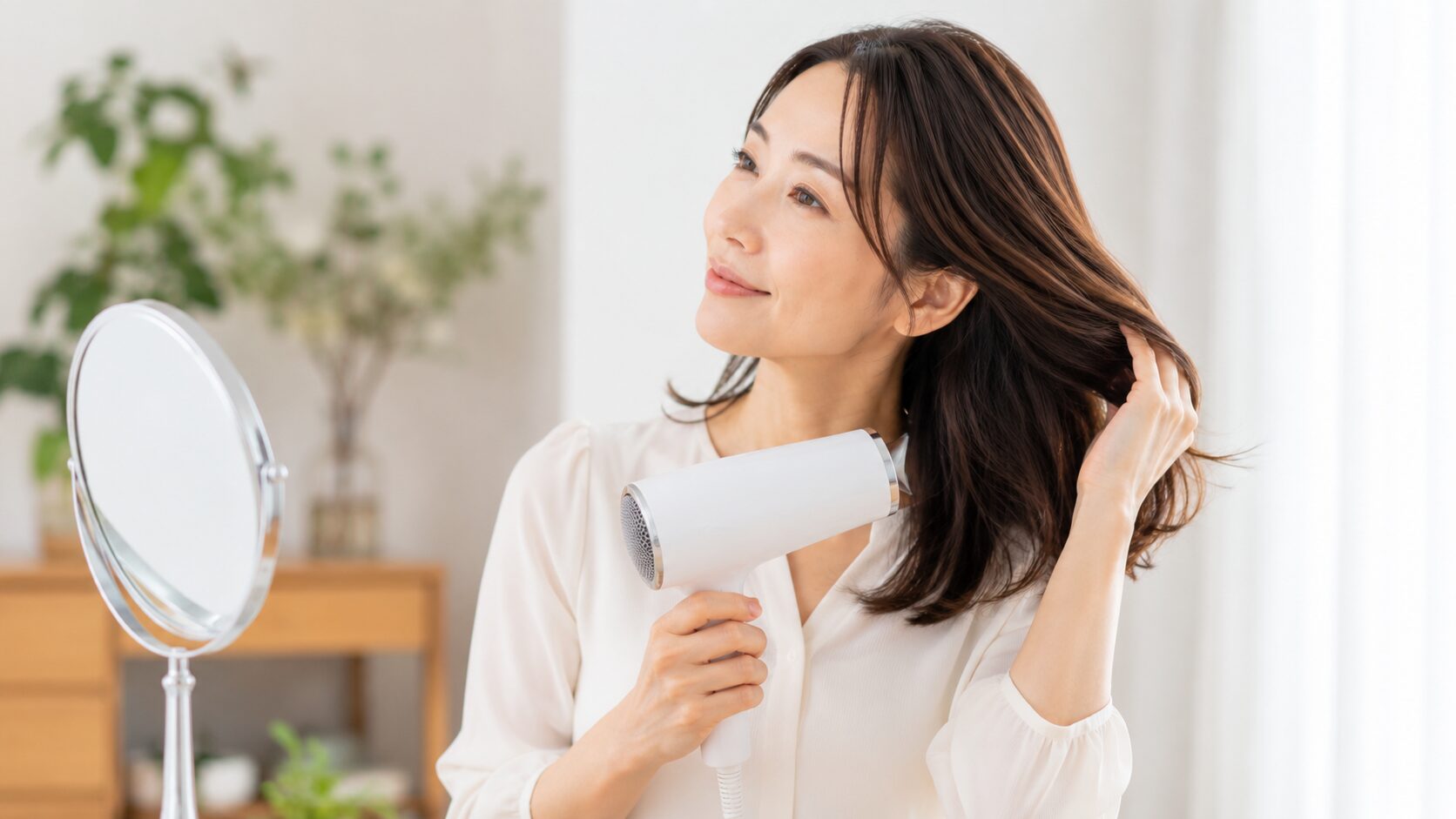 髪を乾かしながらツヤとボリュームを整える40代女性