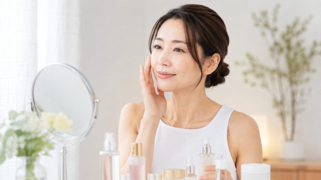 スキンケアをしながら若々しい肌を保つ40代の日本人女性