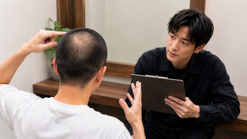 薄毛について相談する男性とカウンセラー