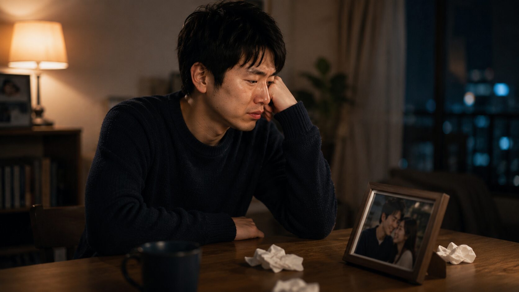 失恋後に写真を見ながら落ち込む男性