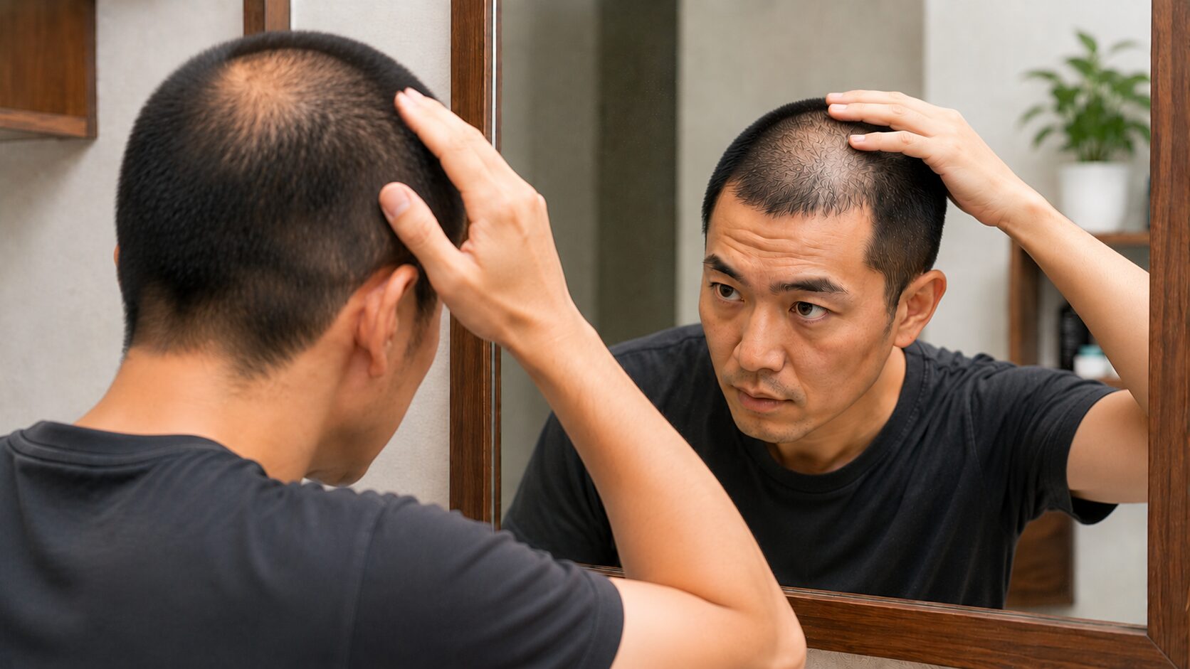 鏡で頭頂部の薄毛を確認する男性