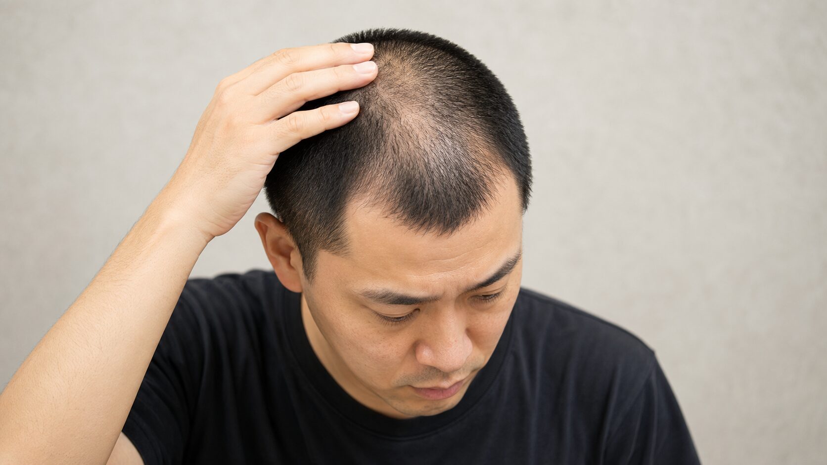 頭頂部の薄毛を手で確認する男性