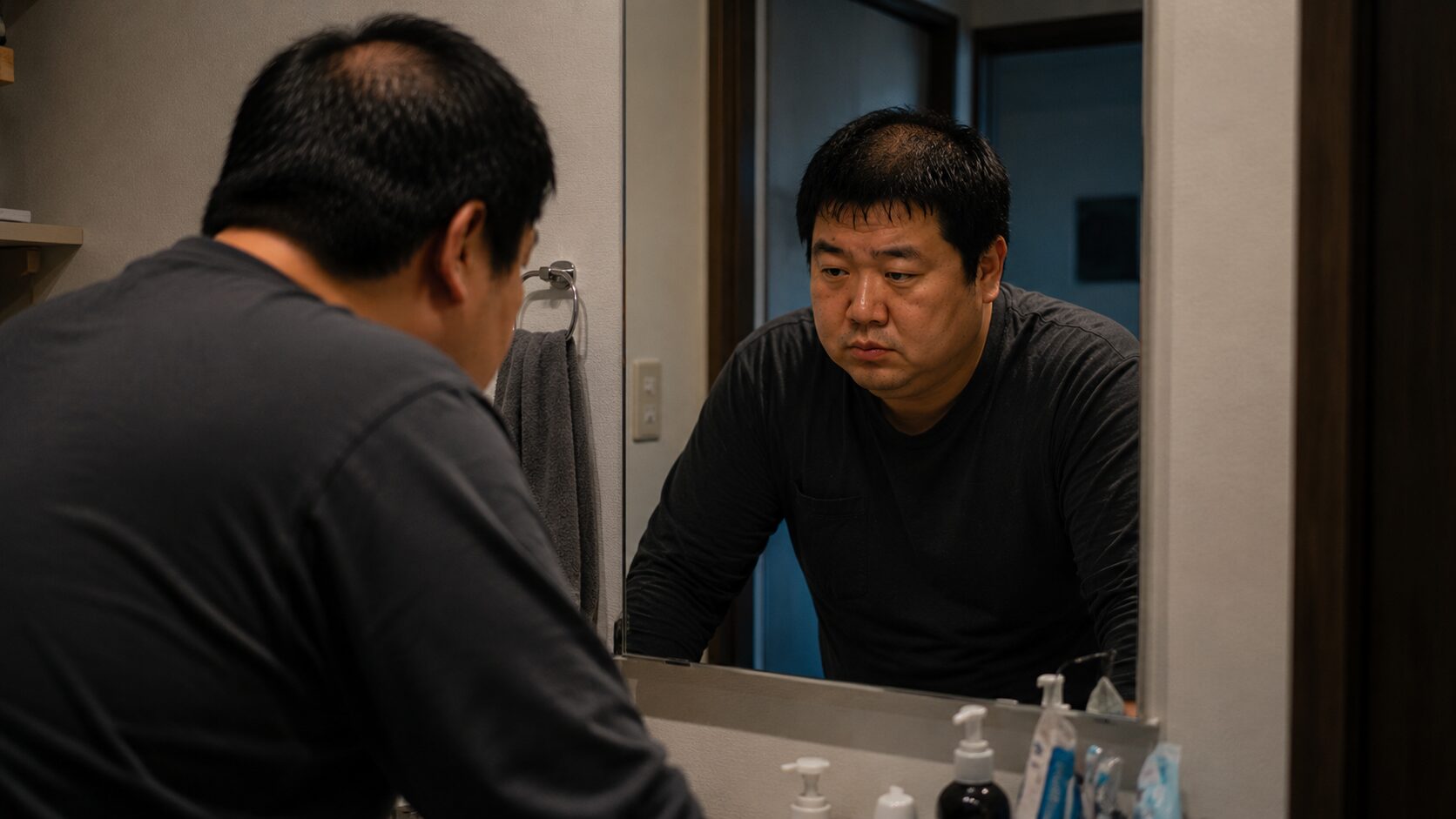 洗面所の鏡を見て自信を失う男性