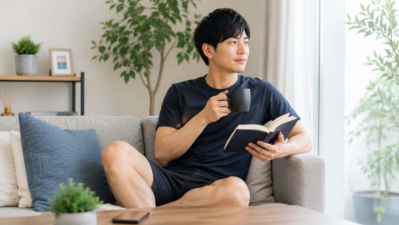 メンズVIO脱毛後に清潔感と快適さを感じながら自宅でリラックスする日本人男性