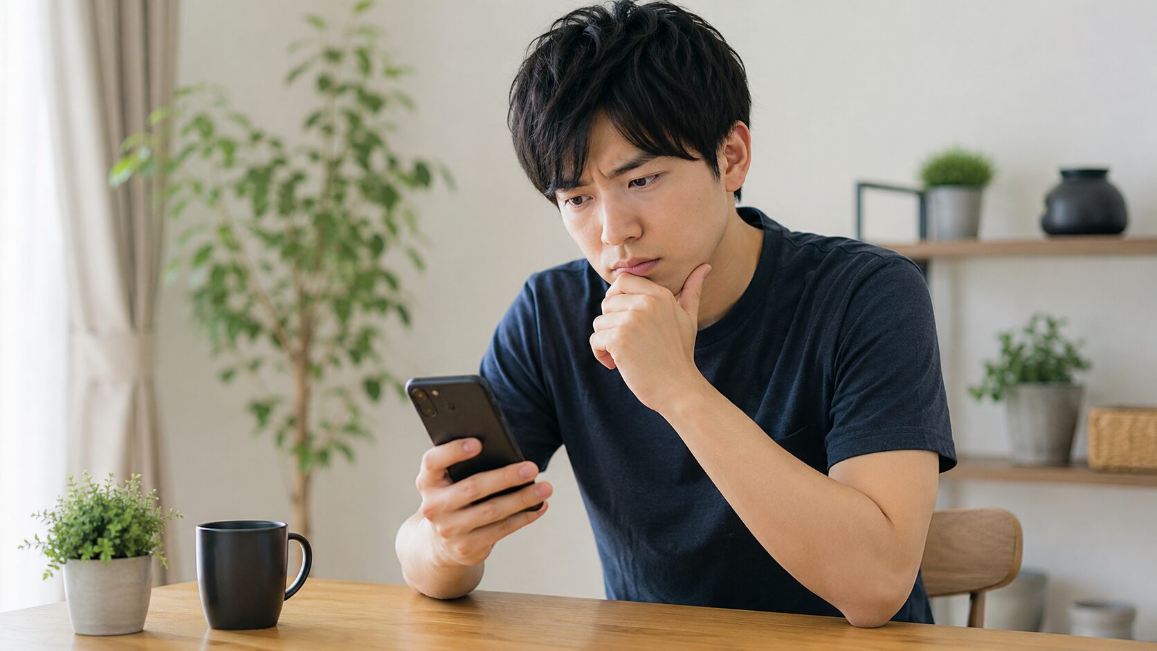 メンズVIO脱毛をするべきかスマホで調べながら不安そうに考える日本人男性
