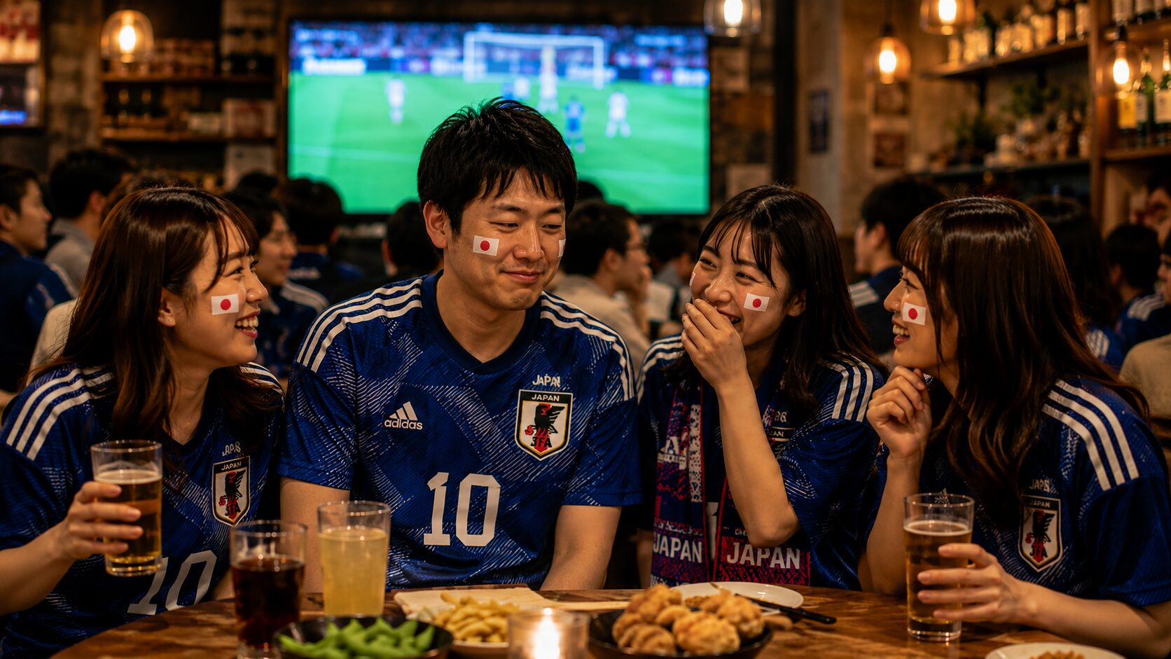 スポーツバーでサッカー観戦を楽しむ友人グループ