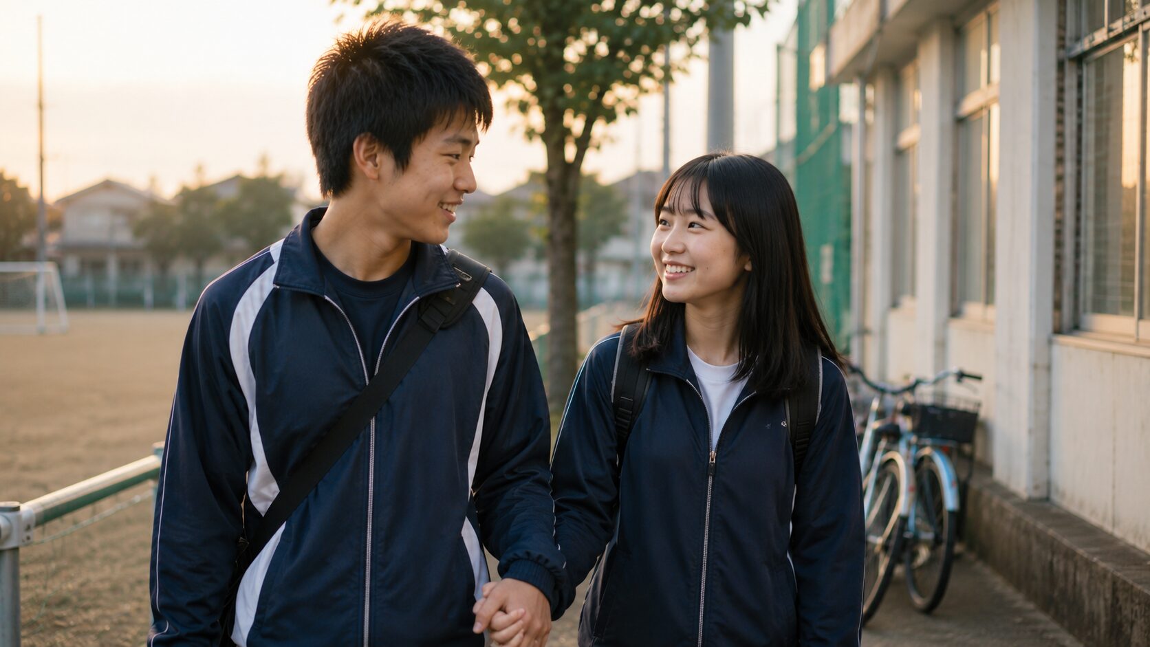 夕方の通学路で手をつないで歩く学生カップル