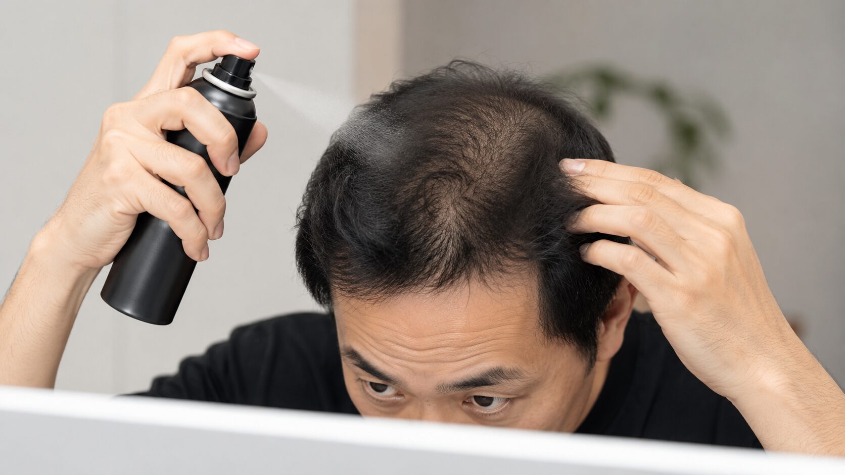 薄毛隠しの為にスプレーを吹いている