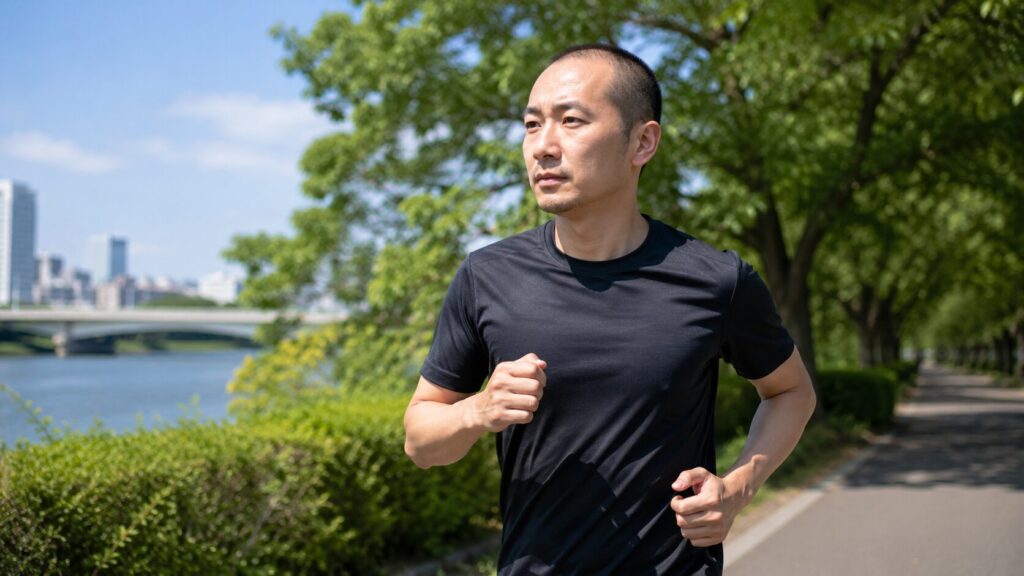 頭頂部が薄くなった男性が公園の遊歩道でランニングをしている