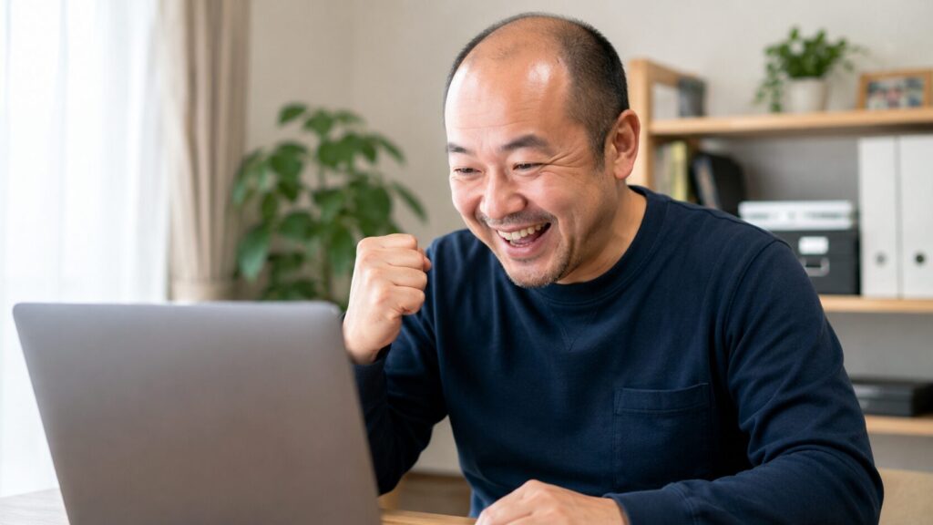 パソコンを見てガッツポーズをする薄毛の男性