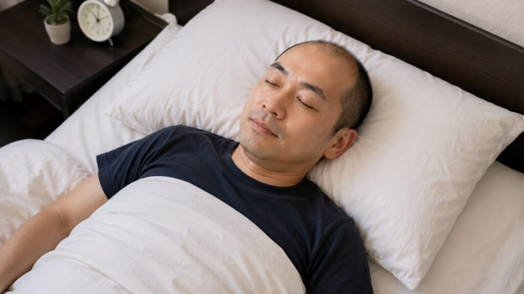 布団で眠る薄毛男性が睡眠をとって体を休めている様子