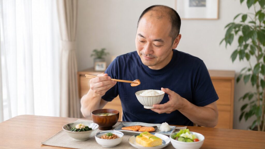 薄毛男性が焼き魚や味噌汁など栄養バランスの良い和朝食を食べている様子