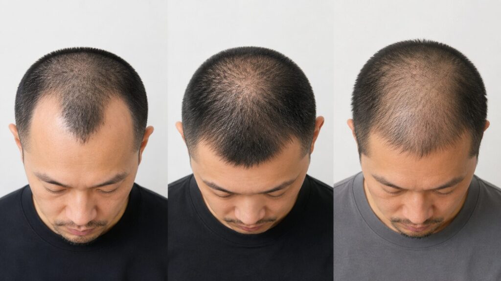M字・O字・U字の薄毛タイプ別に坊主頭の見え方を比較した男性画像