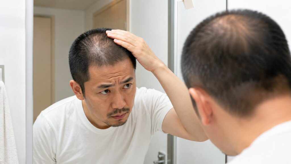 鏡の前で坊主頭の頭皮ケアをする薄毛の男性