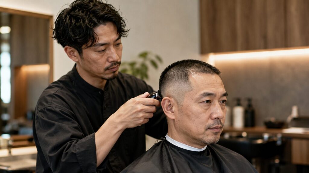 理容室で薄毛に合うフェード坊主に整えてもらう男性