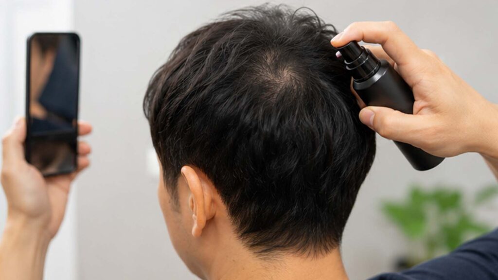 手鏡で頭頂部を確認しながら薄毛隠しスプレーを使う男性