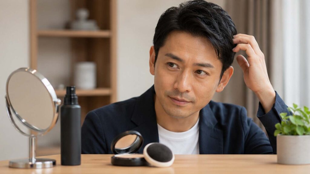 薄毛隠しスプレーとパウダーで自然に整えた男性