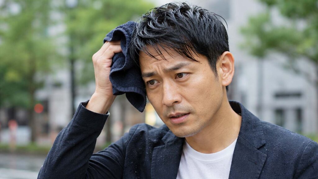 雨や汗で薄毛隠しスプレーの崩れを気にする男性