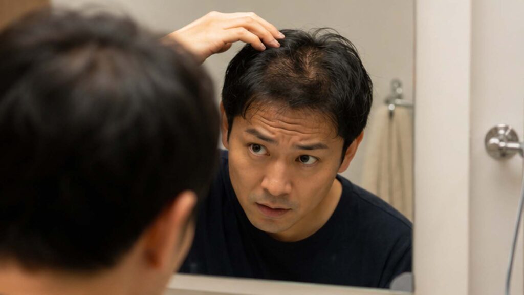 鏡で頭頂部の薄毛を確認する日本人男性