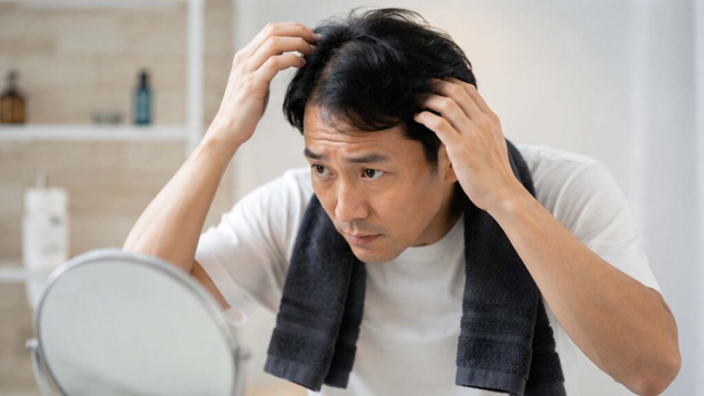 入浴後に鏡を見ながら頭頂部や生え際を確認する更年期世代の男性