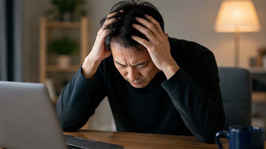 更年期の抜け毛に悩み、パソコンで色々調べて絶望で頭を抱える様子