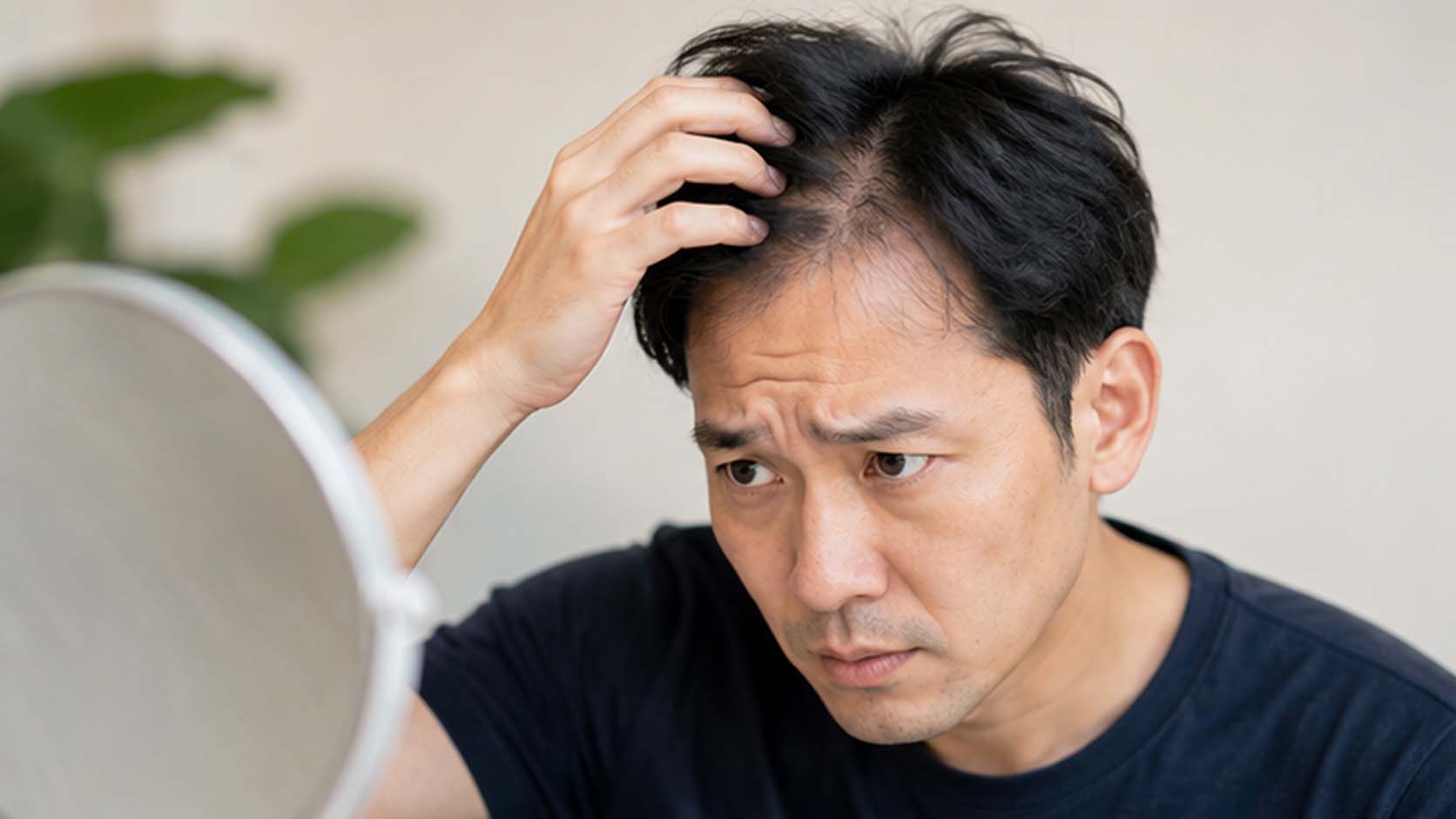 更年期による分け目の薄さを気にしながら鏡で頭頂部を確認する様子