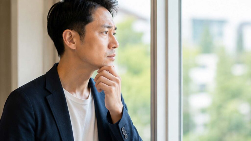 更年期による薄毛の原因や今後の対策について考えながら窓の外を見つめる