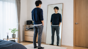 全身鏡の前でシャツやパンツのサイズ感を確認する30代男性