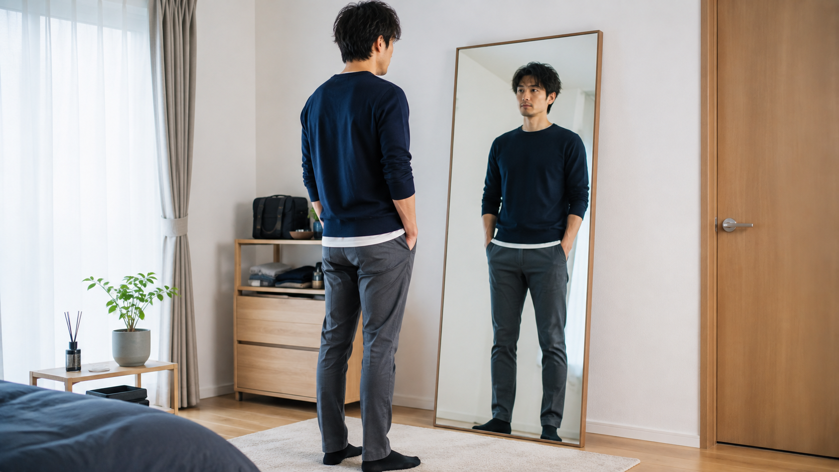 全身鏡の前でシャツやパンツのサイズ感を確認する30代男性