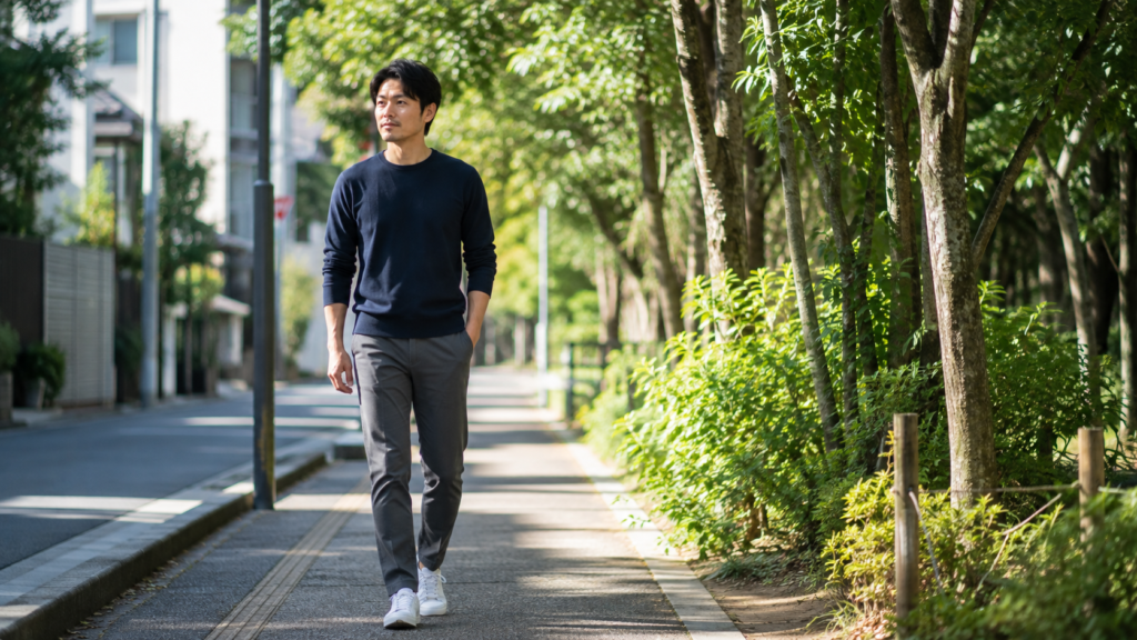 背筋を自然に伸ばして街を歩く清潔感のある30代男性
