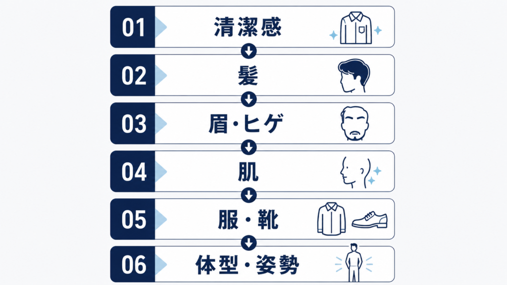 30代男性が垢抜ける順番を清潔感・髪・眉とヒゲ・肌・服と靴・体型と姿勢の6段階で示したロードマップ図解