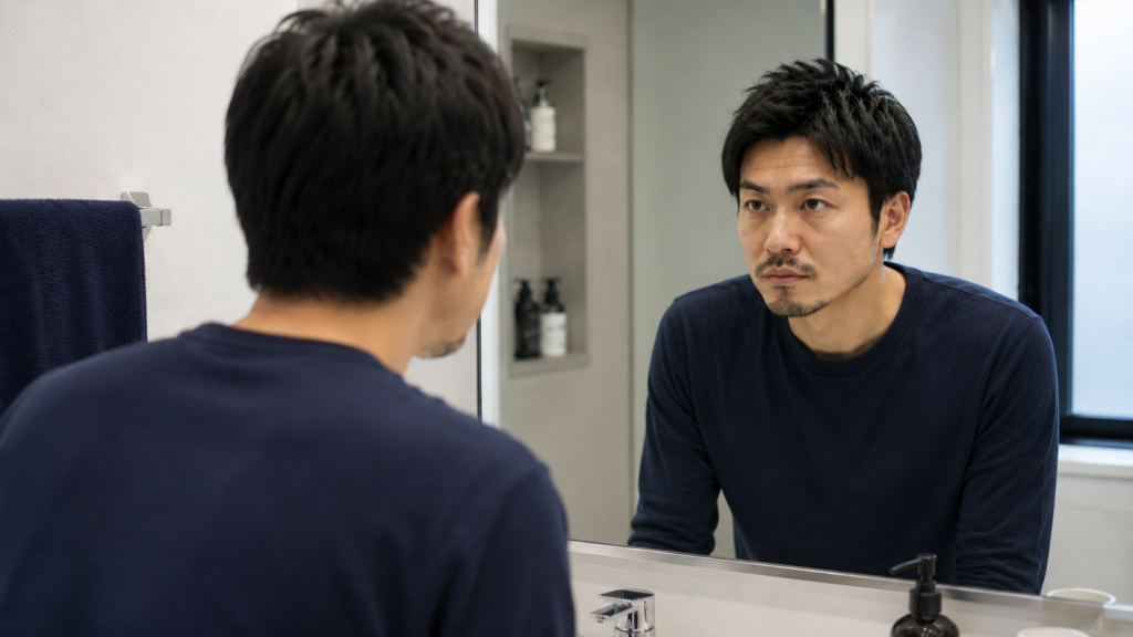 鏡を見ながら髪型や眉、ヒゲなど顔まわりの身だしなみを確認する30代男性