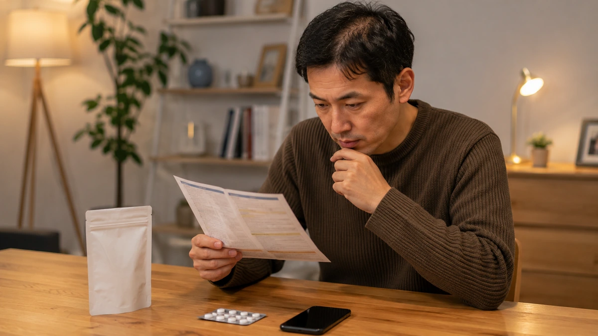 AGA治療薬の内容と注意点を確認する男性