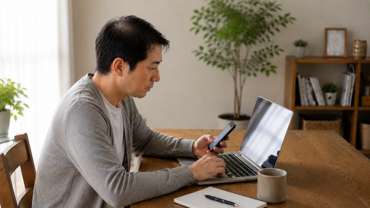 AGA治療についてスマートフォンとパソコンで情報を確認する男性