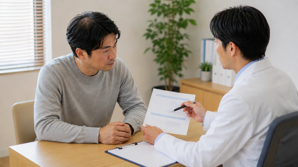 自毛植毛について医師から説明を受ける日本人男性