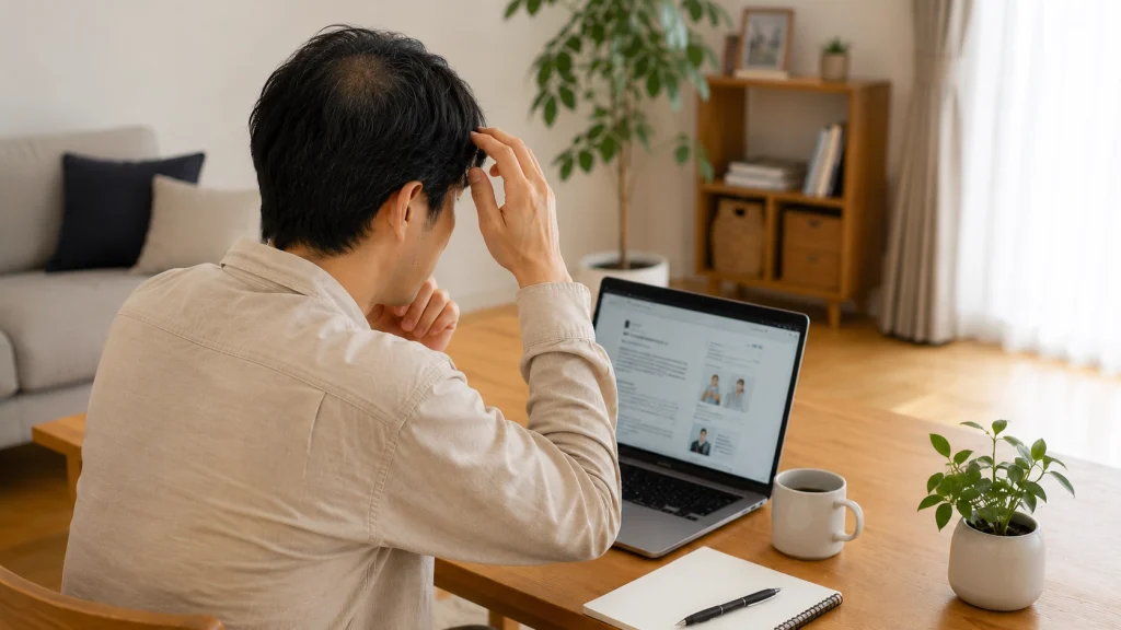 AGA治療と自毛植毛についてパソコンで調べる男性
