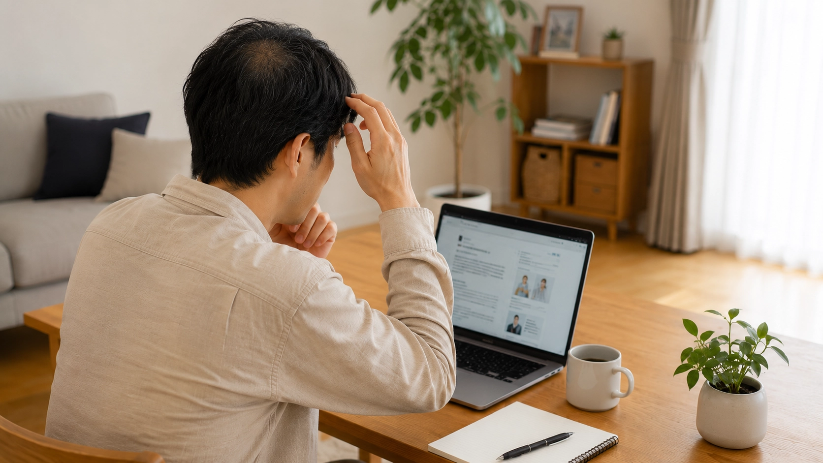 AGA治療と自毛植毛についてパソコンで調べる男性