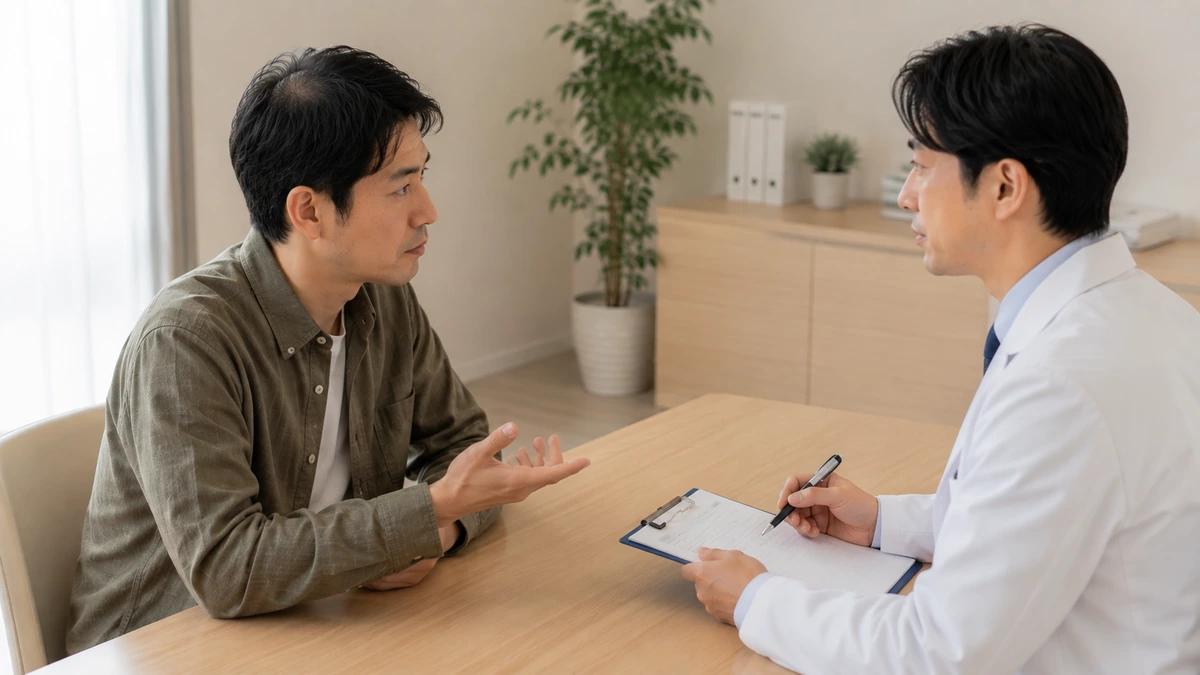AGA治療と自毛植毛の選択について医師へ相談する男性