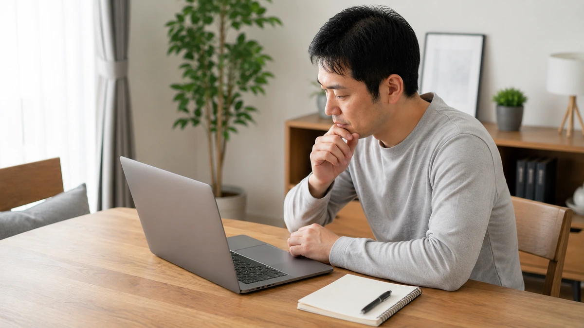 自宅で自毛植毛についてパソコンで調べる男性