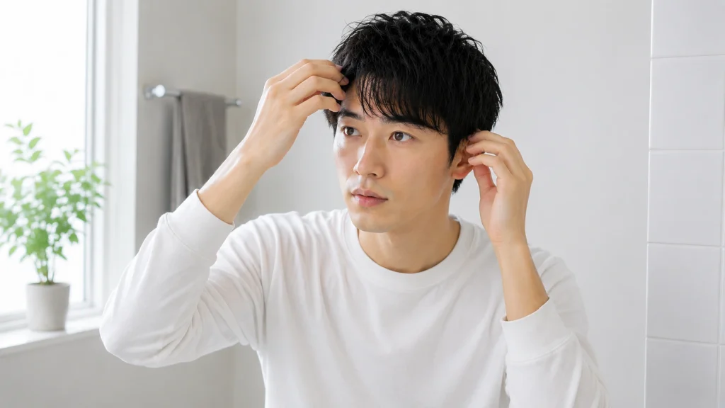自宅で毎朝髪型を整える男性