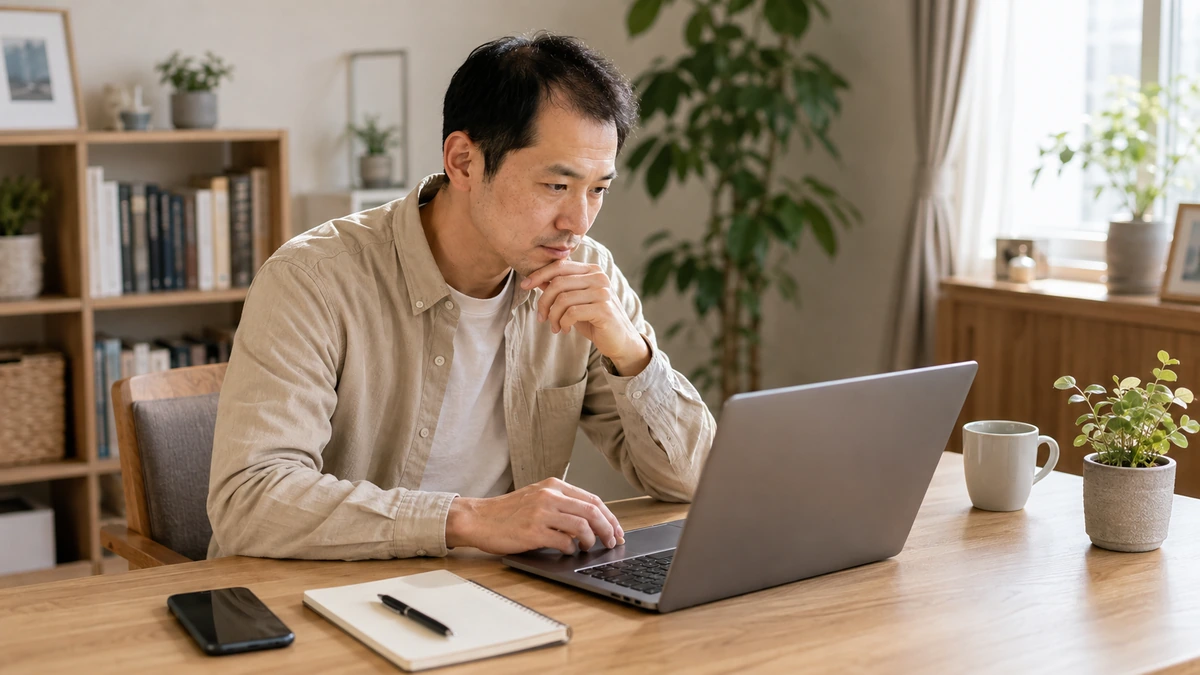 AGAのオンライン診療についてパソコンで調べる男性