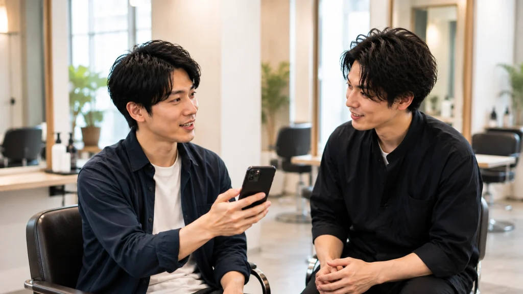 参考写真を見せながら美容師に髪型を相談する男性