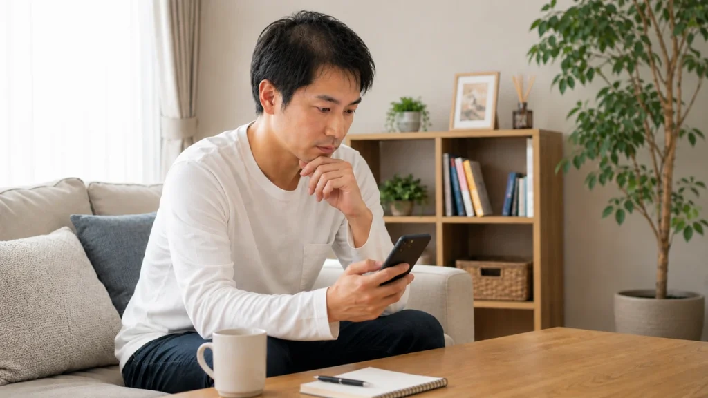 AGAのオンライン診療についてスマートフォンで調べる男性