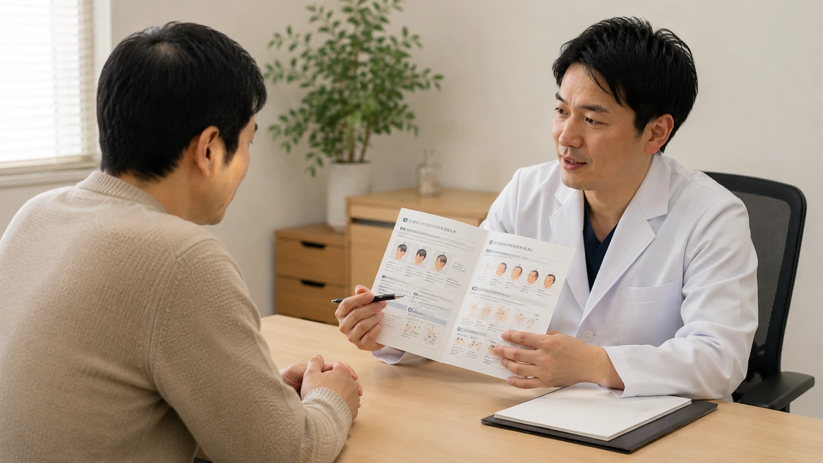 自毛植毛について医師から説明を受ける男性